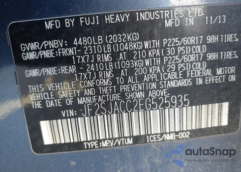 2014 Subaru Forester 2.5I Premium from USA, damaged, VIN JF2SJACC2EG525935